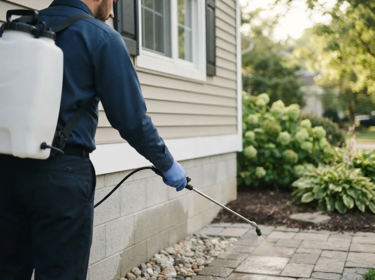 Pest control technician inspecting a home in Waukau, WI